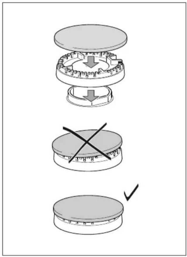 Diagram illustrating three-step assembly process of a mechanical component, showing cross-sections and directional arrows.