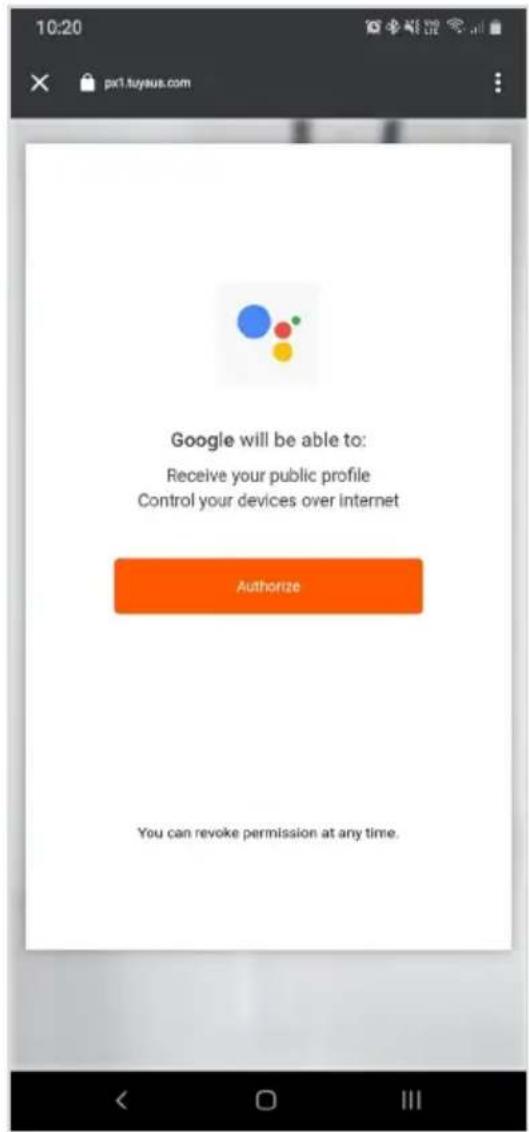 10:20 px1.tuyaus.com Google will be able to: Receive your public profile Control your devices over internet Authorize You can revoke permission at any time.