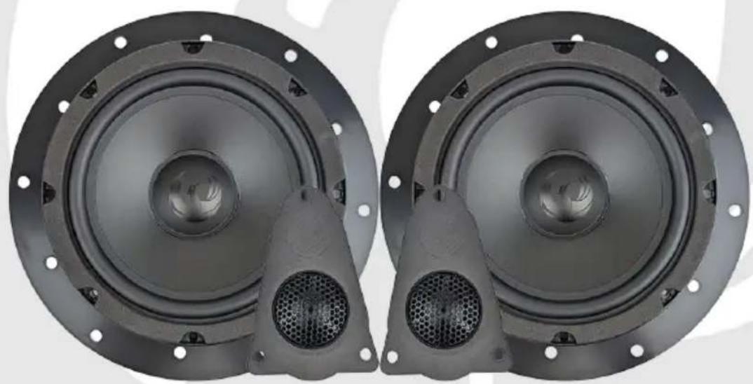 Two black speaker plates with foam bases and ventilation grilles, shown from top and side views (no text or symbols visible)