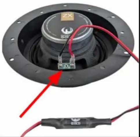 Close-up of a speaker head with exposed wiring and a black plastic component, no visible text or symbols
