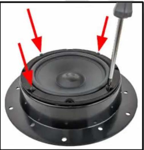 Close-up of a speaker component with red arrows indicating mounting points (no text or symbols visible)