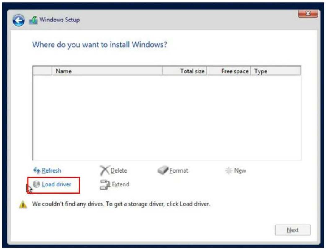 Where do you want to install Windows? Name Total size Free space Type Refresh Delete Format New Load driver Extend We couldn't find any drives. To get a storage driver, click Load driver. Next