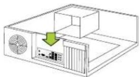 Diagram of a computer setup with a monitor, fan, and drive unit (no text or symbols)