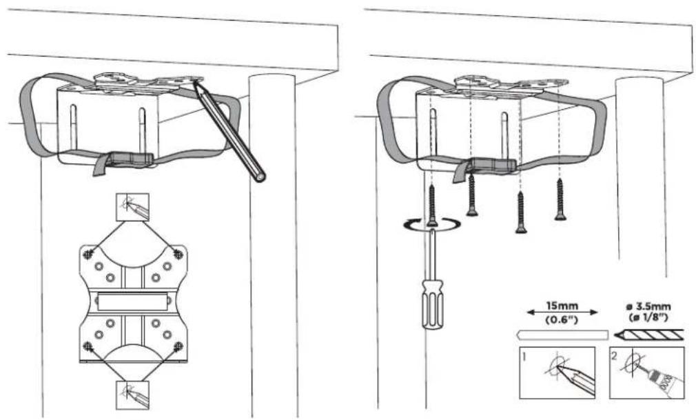 Technical diagram showing screw installation steps with dimensions and tool path annotations