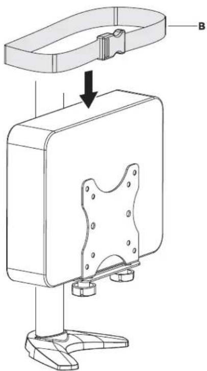 Technical diagram showing a mechanical assembly with labeled component B and a downward arrow indicating motion or assembly.