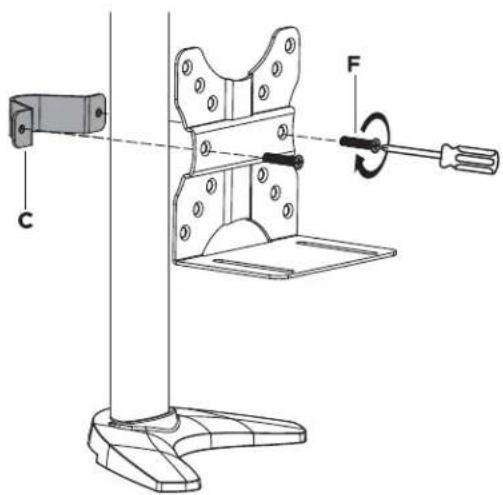 Technical diagram of a mechanical clamp or bracket assembly with labeled parts C and F, showing structural components and motion direction.