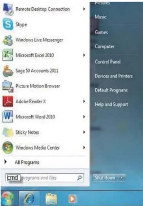 Remote Desktop Connection Skype Windows Live Messenger Microsoft Excel 2010 Sage 50 Accounts 2011 Picture Motion Browser Adobe Reader X Microsoft Word 2010 Sticky Notes Windows Media Center All Programs cmd programs and files Pictures Music Games Computer Control Panel Devices and Printers Default P…