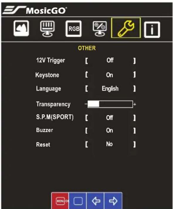 MosaicGO® OTHER 12V Trigger [ Off ] Keystone [ On ] Language [ English ] Transparency - S.P.M(SPORT) [ Off ] Buzzer [ On ] Reset [ No ]