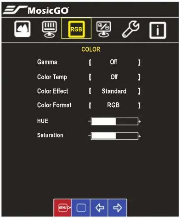 MosaicGO RGB COLOR Gamma [ Off ] Color Temp [ Off ] Color Effect [ Standard ] Color Format [ RGB ] HUE + Saturation +