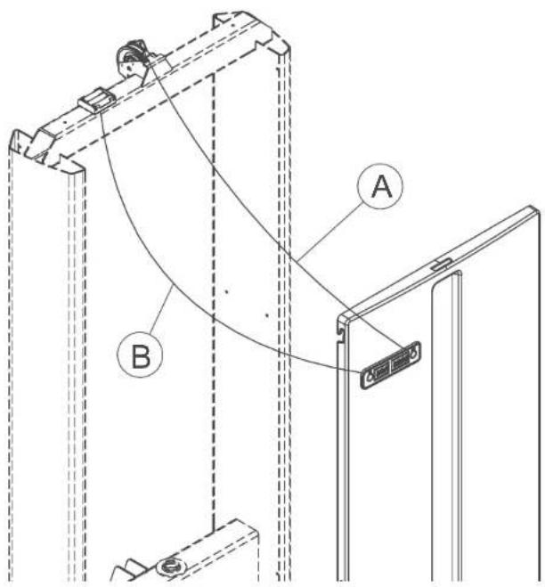 Technical diagram showing structural components labeled A and B with dashed lines indicating connections or alignment, likely from an engineering or mechanical drawing.