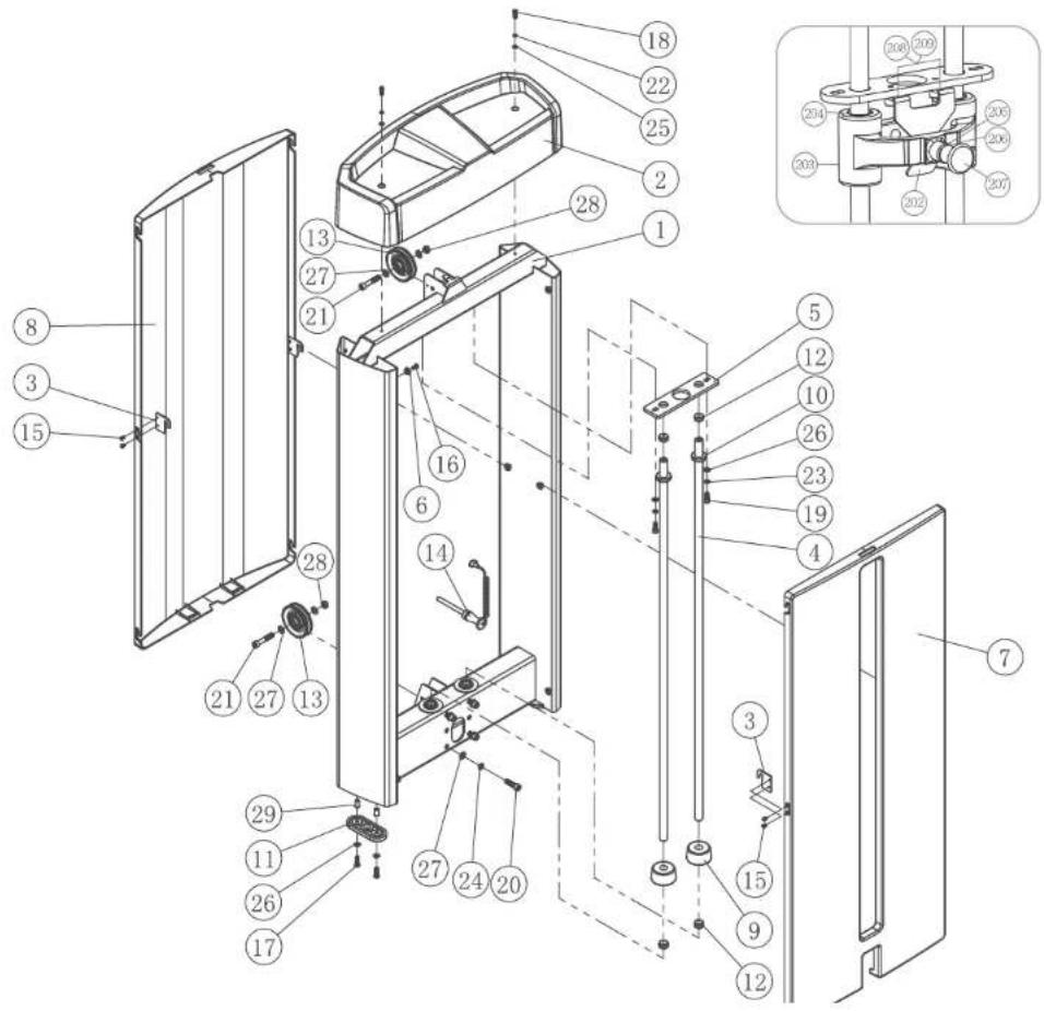 Exploded view diagram of a refrigerator internal structure with numbered components and an inset showing the internal assembly.
