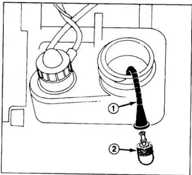 Technical diagram showing a mechanical assembly with labeled parts 1 and 2, including a tool inserted into a component.