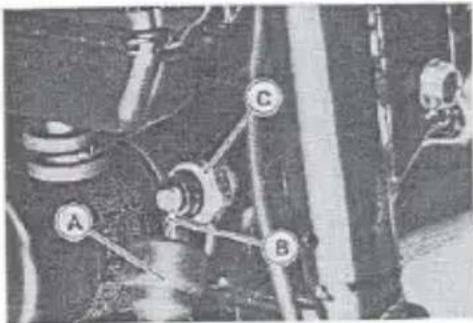 Technical diagram of a mechanical assembly with labeled components A, B, and C