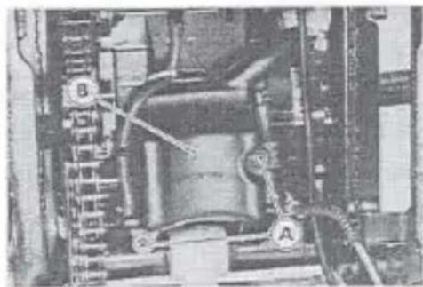 Close-up of an electronic circuit board with labeled components (A and B), no readable text or symbols beyond labels