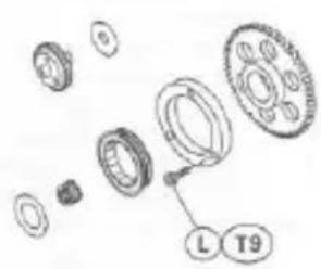 Technical diagram showing exploded view of mechanical components with labeled parts L and T9