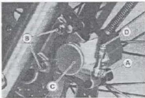 Technical diagram of a mechanical assembly with labeled parts A, B, C, and D