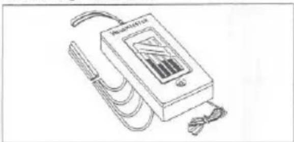 Line drawing of a handheld electronic device with cables and a screen (no text or symbols)