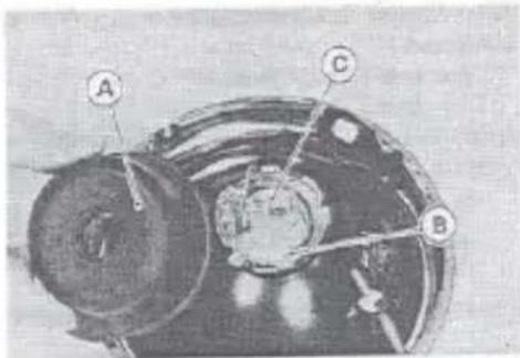 Technical diagram of a mechanical device with labeled components A, B, and C