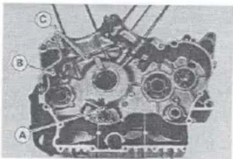 Technical diagram of an engine with labeled components A, B, and C