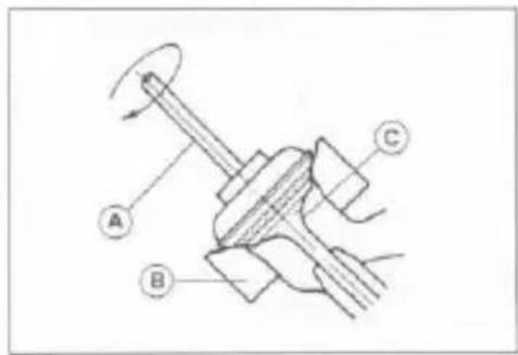 Technical diagram of a mechanical assembly with labeled components A, B, and C