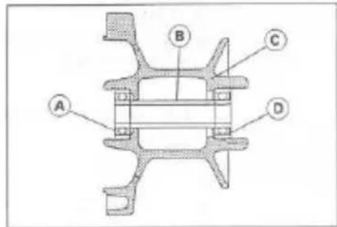Technical diagram of a mechanical assembly with labeled parts A, B, C, and D