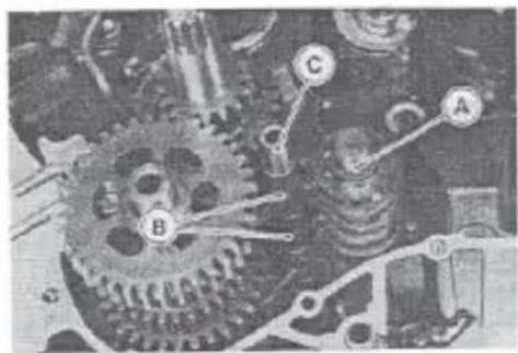Mechanical gear assembly with labeled components A, B, and C (no readable text or symbols)