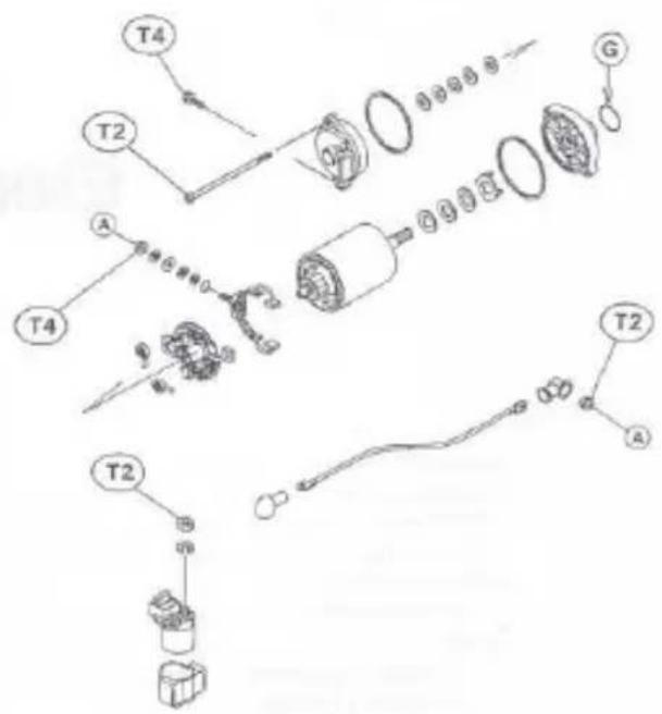Technical diagram of a mechanical assembly with labeled components including T4, T2, and G