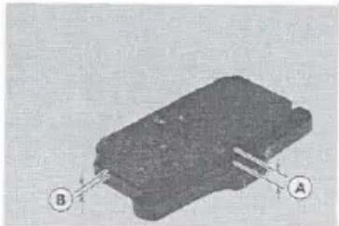 3D diagram of a mechanical component with labeled points A and B (no text or symbols beyond labels)