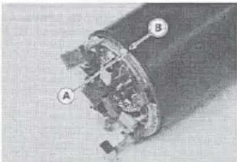 Technical diagram of a mechanical component with labeled parts A and B