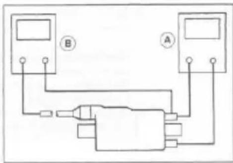 Electrical circuit diagram showing two measurement devices connected to a battery and labeled terminals A and B
