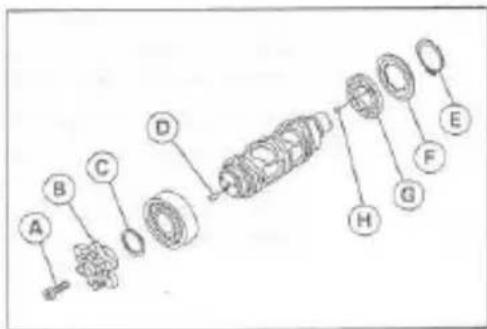 Technical diagram of a mechanical assembly with labeled parts A through H