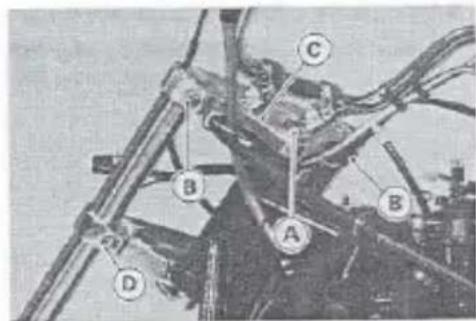 Technical diagram of a mechanical assembly with labeled components A, B, C, and D