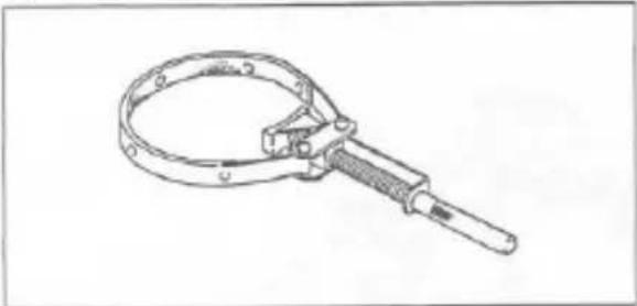 Line drawing of a mechanical clamp or tool with a handle and ring (no text or symbols)