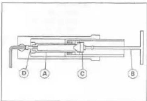 Technical diagram of a mechanical device with labeled components A, B, C, and D