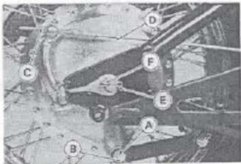 Labeled mechanical diagram with numbered components A through F