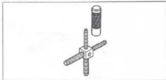 Diagram of a mechanical component with three threaded rods and a cylindrical shaft, no text or symbols present