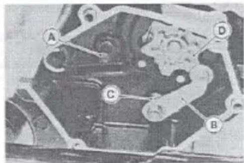 Technical diagram of a mechanical assembly with labeled parts A, B, C, and D