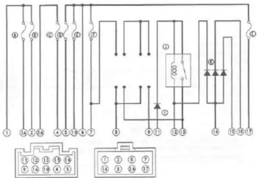 Electrical wiring diagram showing connections between numbered terminals and a circuit with labeled components and indicators