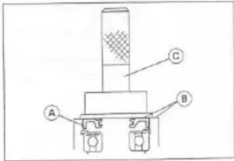 Technical diagram of a mechanical assembly with labeled components A, B, and C