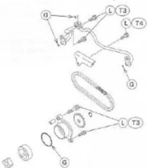 Technical diagram showing exploded view of mechanical components with labeled parts (G, L, T3, T4) and assembly details.