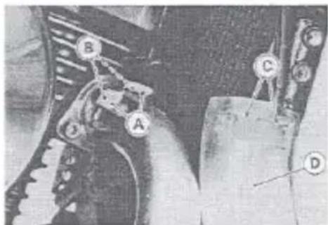 Technical diagram of a mechanical assembly with labeled components A, B, C, and D