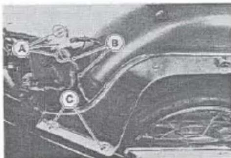 Technical diagram of a car's front panel with labeled components A, B, and C