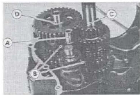 Technical diagram of a mechanical assembly with labeled parts A, B, C, and D