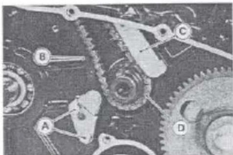 Mechanical gear assembly diagram with labeled components (A, B, C, D), no readable text or symbols beyond labels