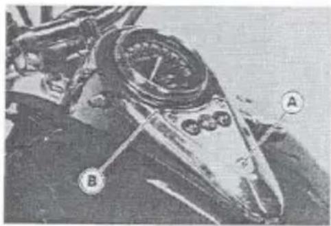 Technical diagram of a motorcycle's front wheel and side gear with labeled parts A and B