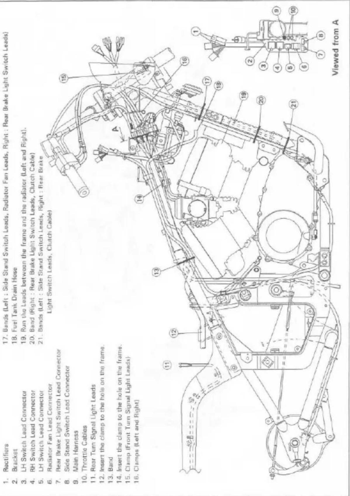 1. Rectifiers 2. Bracket 3. LH Switch Lead Connector 4. RH Switch Lead Connector 5. LH Switch Lead Connector 6. Radiator Fan Lead Connector 7. Rear Brake Light Switch Lead Connector 8. Side Stand Switch Lead Connector 9. Main Harness 10. Throttle Cables 11. Rear Turn Signal Light Leads 12. Insert th…