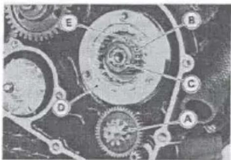 Technical diagram of a mechanical gear assembly with labeled components A through E