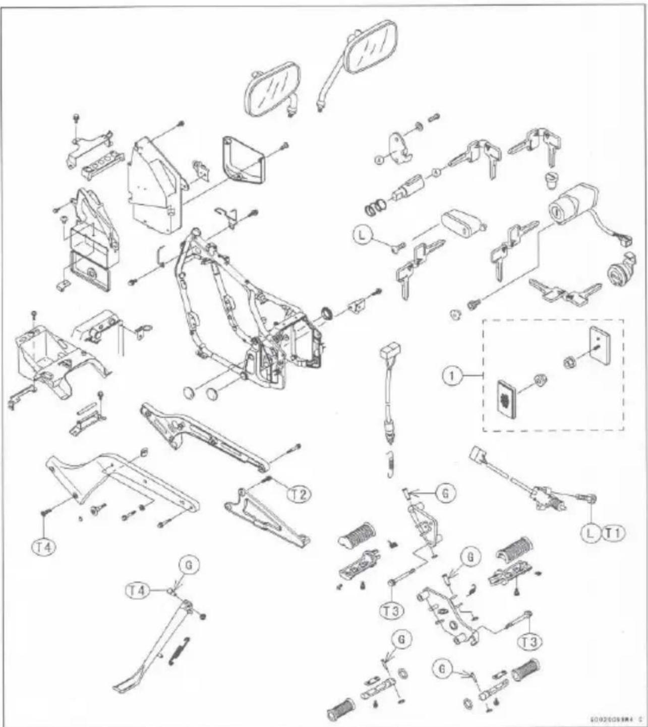 Exploded view diagram of a motorcycle body assembly with labeled parts and exploded views