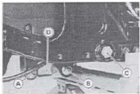 Technical diagram of a mechanical assembly with labeled components A, B, C, and D