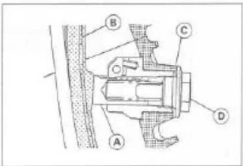 Technical diagram of a mechanical assembly with labeled parts A, B, C, and D